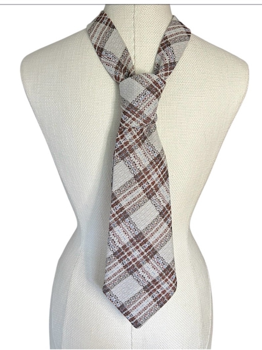 Vintage 70s Plaid Necktie Wide Brown Cream Blue Woven Grandpa Core Office Siren